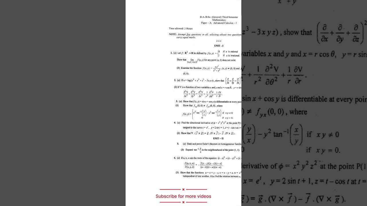 Advanced Calculus| previous year question paper | Important Questions | Bsc Sem 3 puchd.