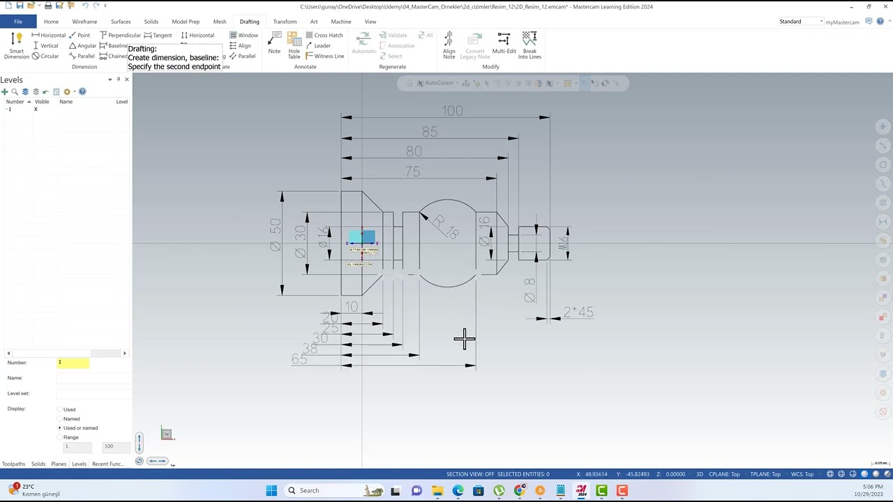 Mastercam Drafting BaseLine Dimension