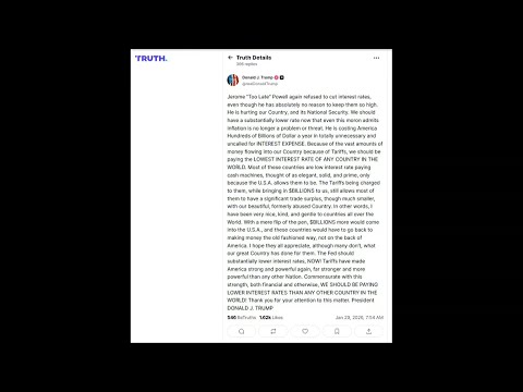 Video Thumbnail: Trump says Fed should 'substantially lower' interest rates (Truth Social) | AFP