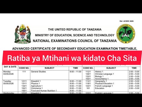 Form Six Examination Schedule 2026, ACSEE Timetable 2026