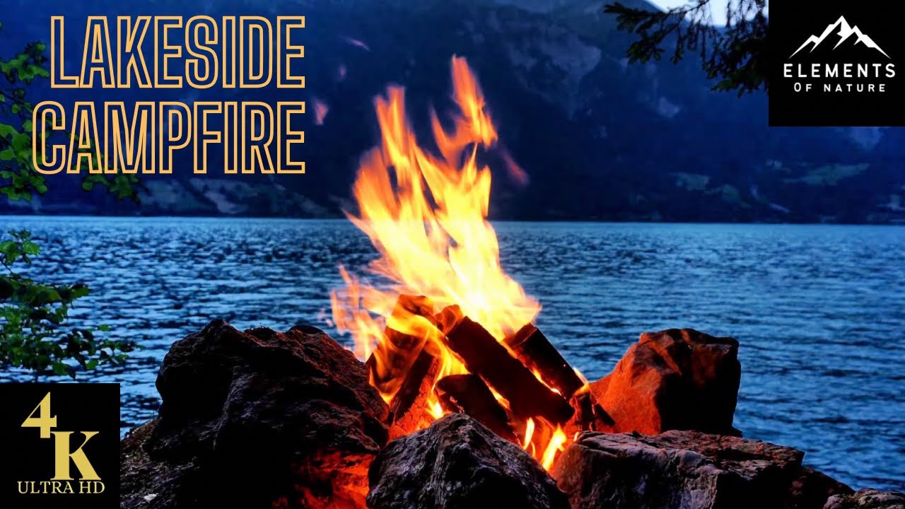 4K UHD Crackling Sunset Campfire by the Lake for Relaxing/Romantic (3D Sound)