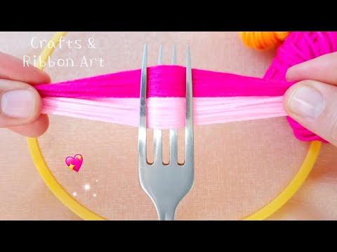 It's so Beautiful !! Amazing 3D Woolen Rose Making Trick Using Fork - DIY Easy Woolen Flowers