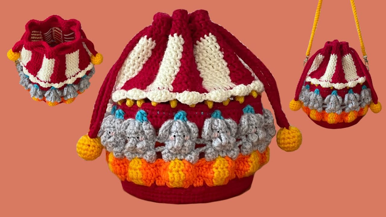 【かぎ針編み】サーカスの巾着バッグ🐘🎪(玉乗りぞうさん)