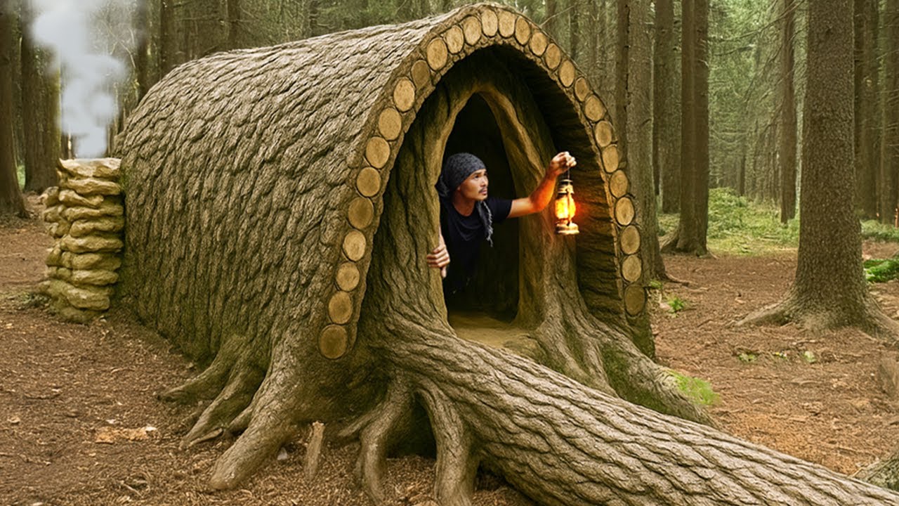 I Built a Bushcraft Survival Shelter Under a Large Fallen Tree
