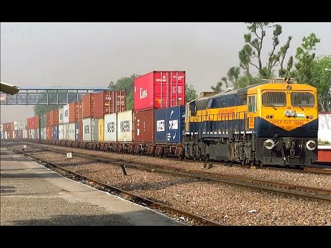 Double Stack Container Freight Train with Dual Cab Diesel Locomotive