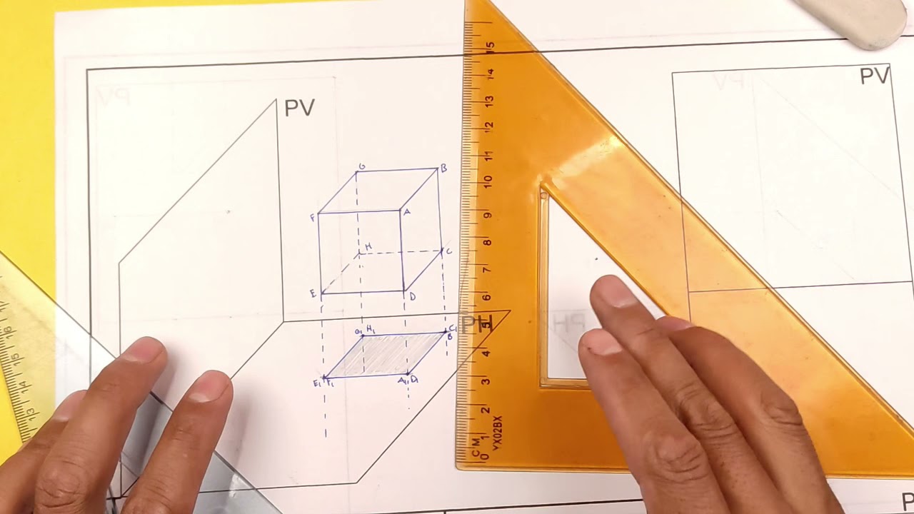 Proyección diédrica de un cubo en el espacio