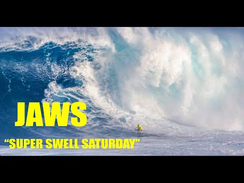 INSANE JAWS Super Swell Saturday,50 foot waves tow Skimboarder gets blown up! Windsurfing + Doubles