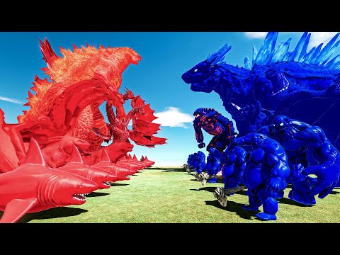 Team Red + Thermo Godzilla vs Shimo + Team Blue - Animal Revolt Battle Simulator