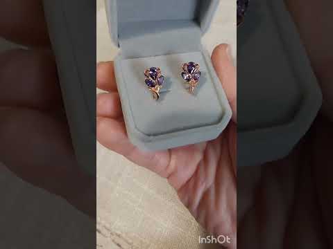 Оригинальный подарок девушке серьги "Аметистовые бутоны" медзолото 18К с цирконами в бархатной коробочке - фото 2 - id-p490554089