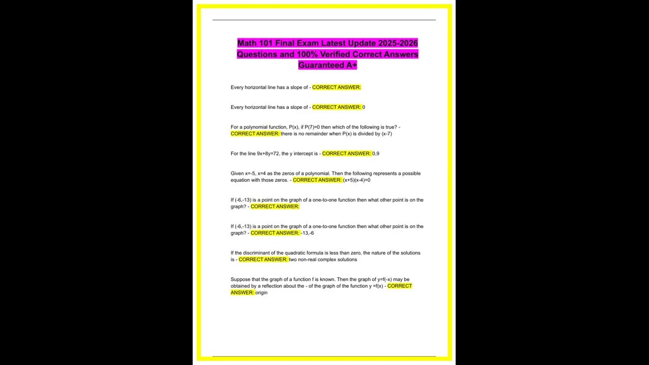 Math 101 Final Exam Latest Update 20252026 Questions and 100 Verified Correct Answers Guaranteed A 1