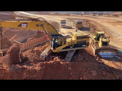 Caterpillar 365C Hydraulic Excavator Loading Overburden On 4 Axle Mercedes & MAN Trucks