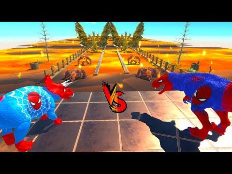 SPIDERMAN T-REX vs SPIDERMAN TRICERATOPS LAVA RACE BATTLE COMPETITION - ARBS