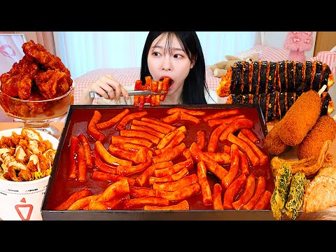 ASMR MUKBANG| Spicy Tteokbokki, Fried Chicken, Kimbap, Cup Rice, Cheese Hot Dog Eating & Recipe
