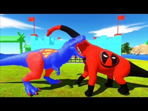 SUPERMAN T-REX vs DEADPOOL BRACHIOSAURUS CASTLE DEATH RUN - Animal Revolt Battle Simulator