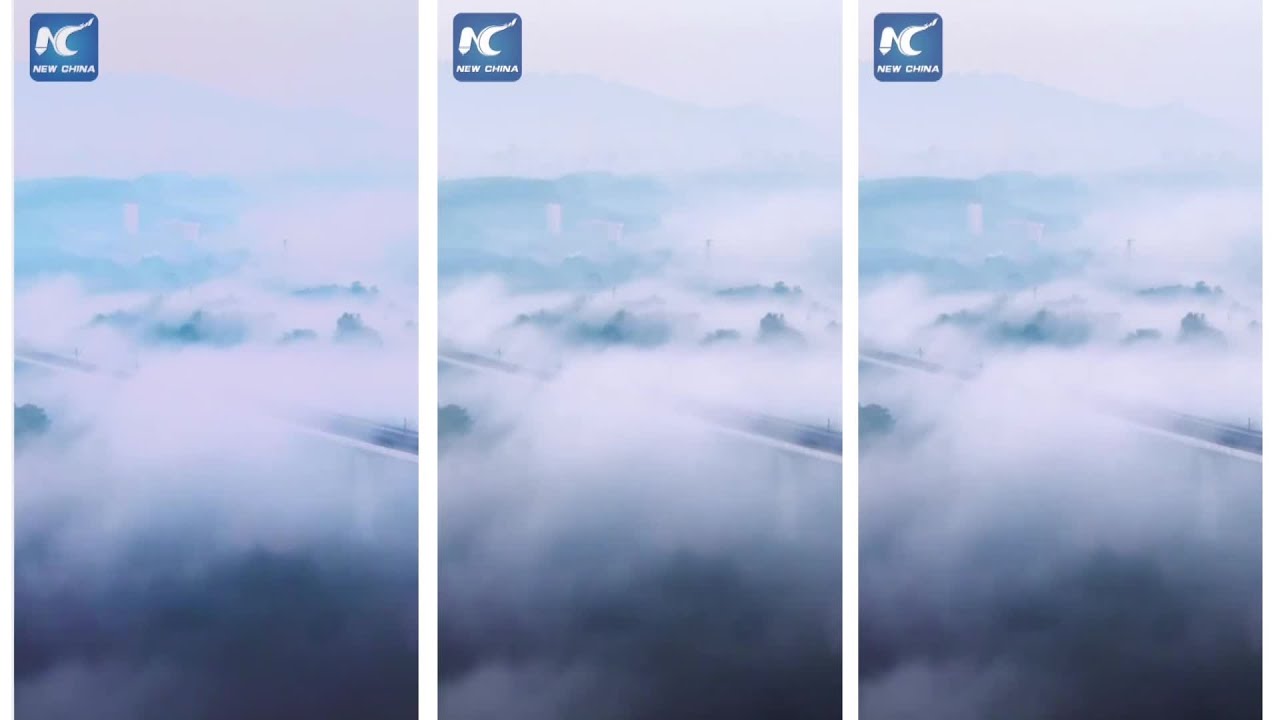 Viaje en metro hacia las nubes asemeja pintura paisajística tradicional china