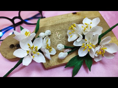 White cherry blossom flowers out of easy crepe paper//DIY//ASMR craft paper