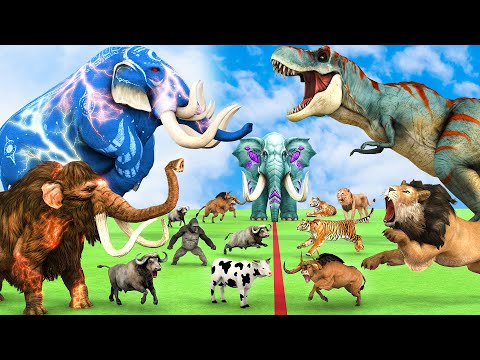 5 Giant Lion Mammoth Elephant Bull vs 10 Giant Tiger Wolf Attack Elephant Cow Saved By Mammoth