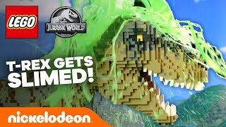 NICKELODEON SLIMED A T-REX?! 🦖 LEGO Jurassic World IRL + Bonus Clip! | Nick