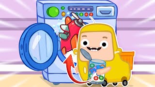 Vamos aprender a usar a máquina de lavar roupas com a Família Wheelzy! Desenho animado infantil