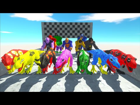 7 T-rex Superheroes Vs 7 KingKong Marvel Dc Jurassic World Evolution Dinosaur Hunting Race Champions