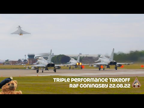 Triple Eurofighter Typhoon Performance Takeoff | 29 Squadron RAF Coningsby [4K +TedCam™] 22.08.22