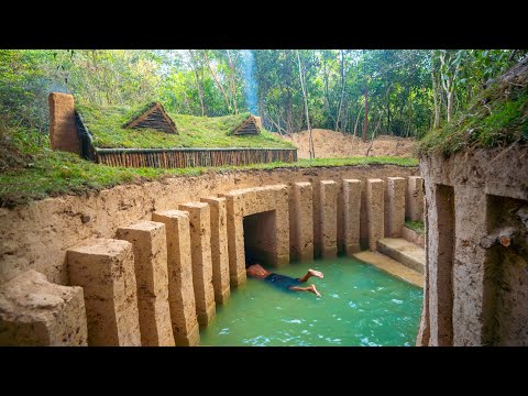 Building Underground Hut with Grass Roof and Fireplace and Kitchen Clay