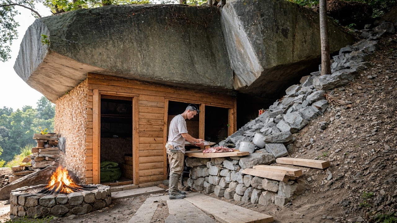 I Spent 30 Days Building a Stone and Log Bunker Deep in the Mountain Wilderness