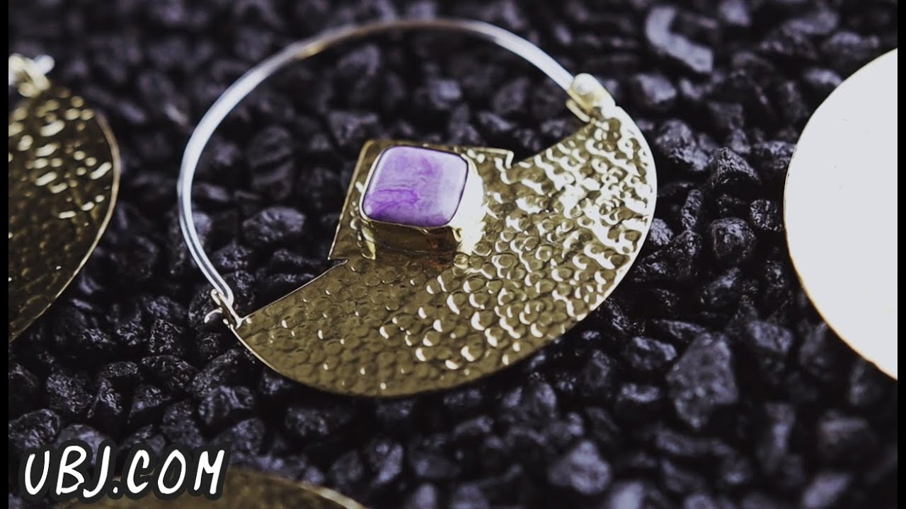 14G Acicular Purple Agate Stone Brass Hangers | UrbanBodyJewelry.com