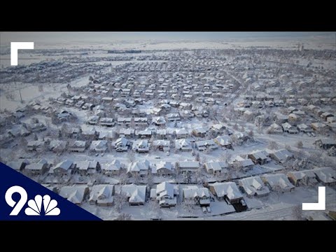 Aerial view after March 2021 blizzard dumps feet of snow on Denver