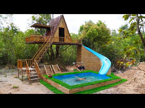 100 Days Build Tree Villa House with Waterslide To Swimming Pool