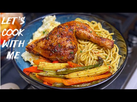 Let’s Cook With Me | Whole Roast chicken, creamy mashed potatoes, seasoned chow Mein & steamed veg