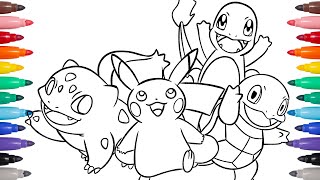 GEN 1 Starters and Pikachu Pokemon coloring pages