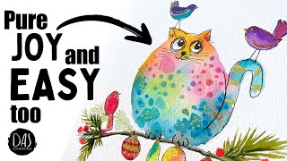 ART IN A HEARTBEAT! Whimsical Watercolor Christmas CAT Painting HACK (Beginner Friendly + Sketch!)