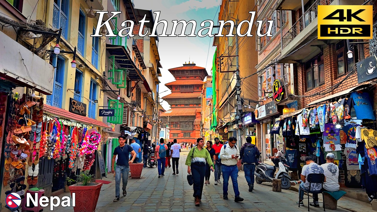 Immersive street-level walking tour through Kathmandu, Nepal, showcasing authentic urban landscapes, local architecture, and the vibrant atmosphere of the city's neighborhoods
