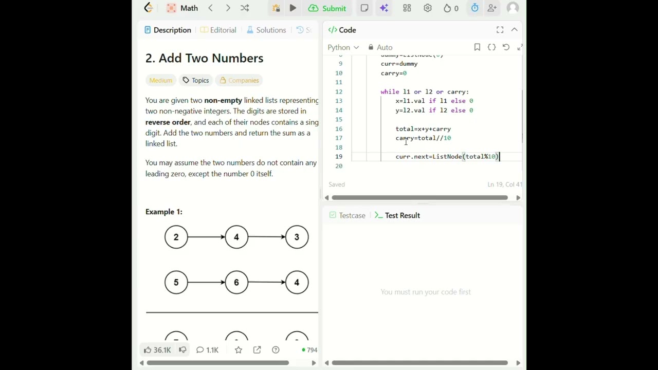 LeetCode 2|Add Two Numbers|Python|Linked List Addition #coding #leetcode #python #programming #viral