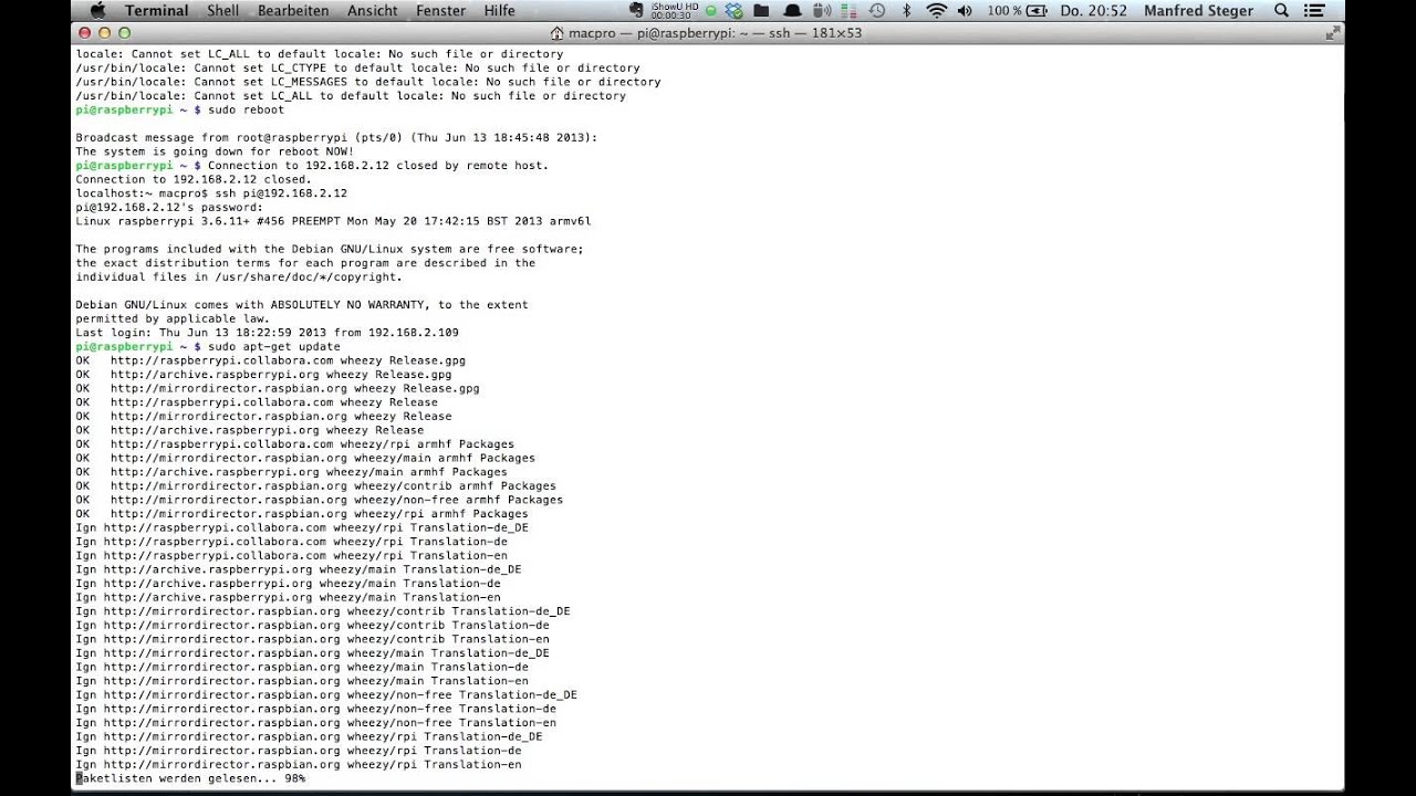 Manfred Steger's Video Raspberry Pi Raspbian mit dem Terminal update und upgrade
