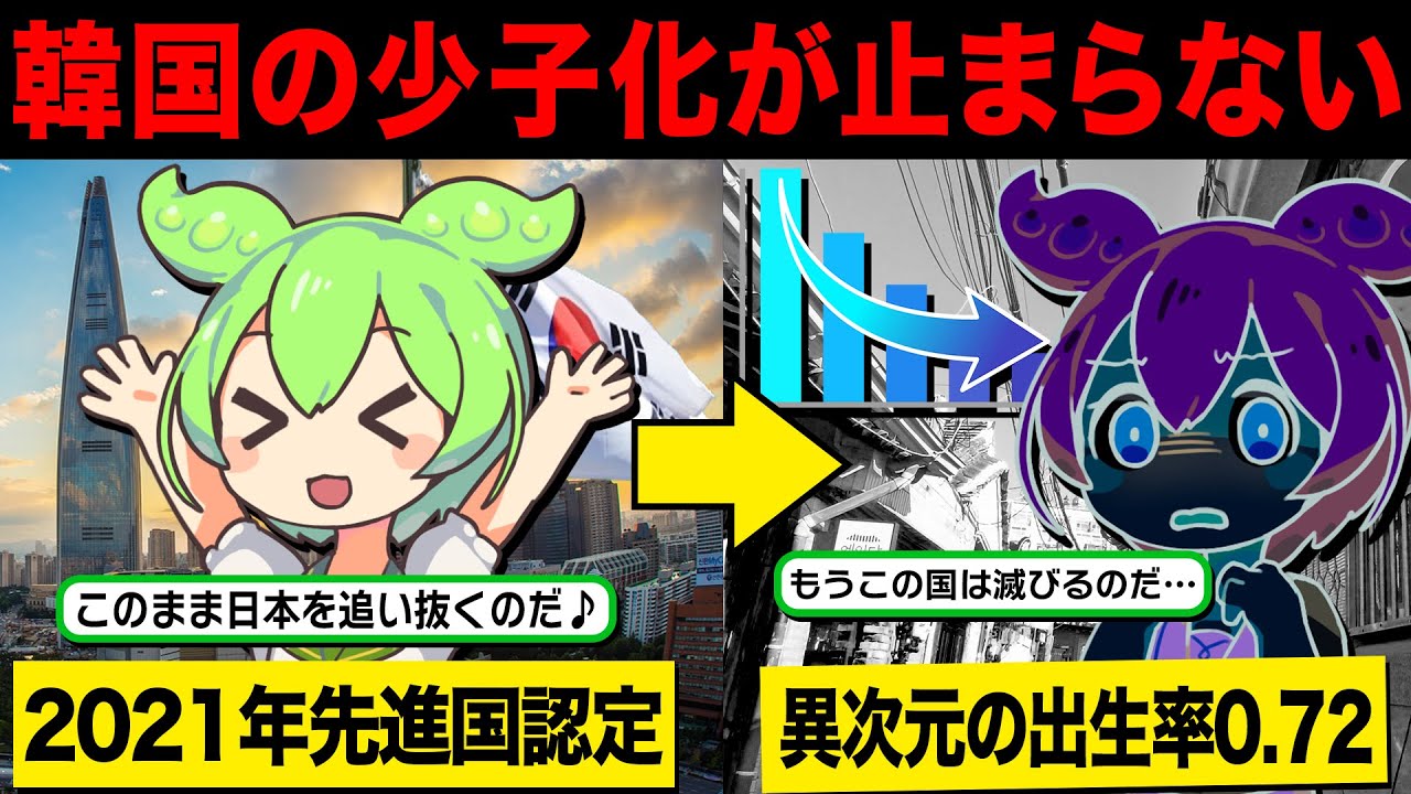 韓国社会がいよいよ壊れる？少子化が止まらず出生率0.72で過去最低を叩き出す【ずんだもん解説】