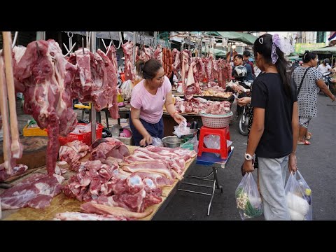 Tuol Tumpoung Evening Street Market - Daily Lifestyle & Activities of Vendor & Buyer in Food Market