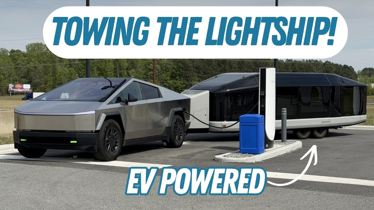 Cybertruck towing the Lightship aero-electric travel trailer on a North Carolina highway during the first Out of Spec BITS tow test