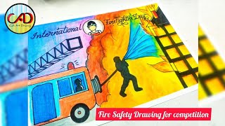 Safety drawing/fire safety poster drawing/Industrial safety drawing/firefighter with fire truck