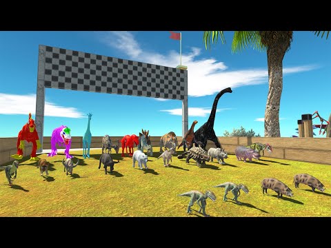 DINOSAURS VS ANIMALS BEACH OBSTACLE RACE CHALLENGE - Animal Revolt Battle Simulator
