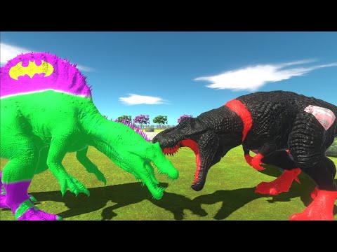 DARK SUPERMAN T-REX AND PINK BATGIRL SPINOSAURUS DEATH RUN - Animal Revolt Battle Simulator