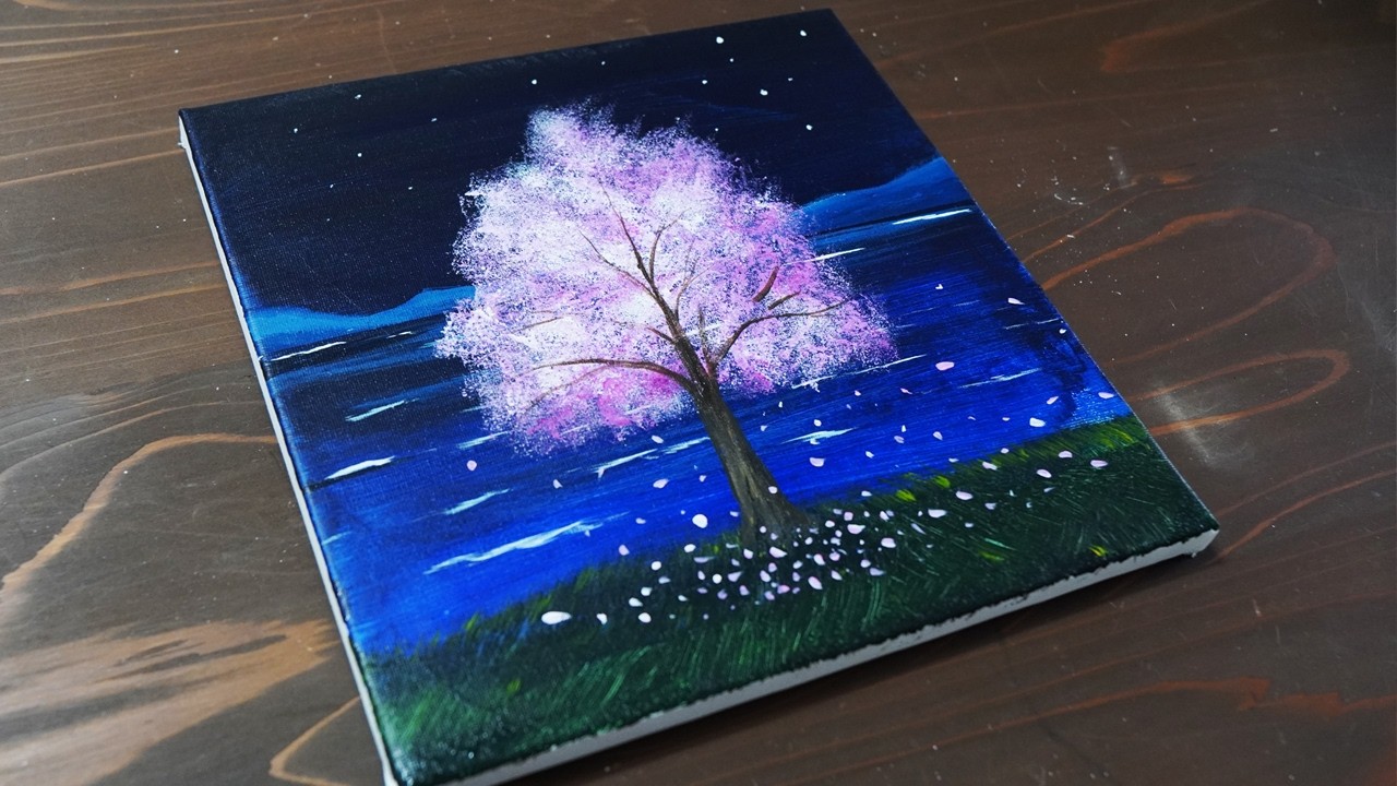 夜桜をアクリル絵の具で簡単に描く方法 | 初心者向けのアクリル画 | easobiArt