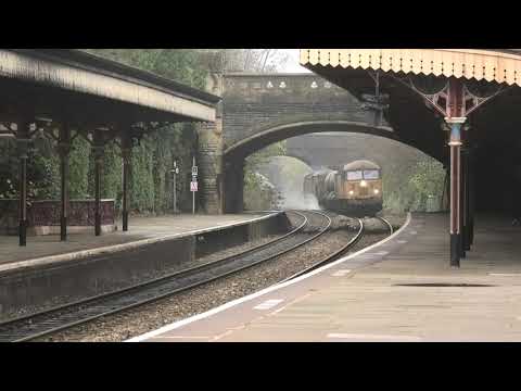 RHTT (Rail Head Treatment Trains) 56105 at rear, passing Great Malvern, UK -  Station 29 Nov 2020