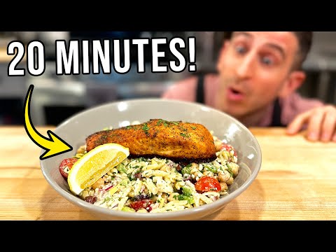 FASY & EASY Greek Pasta Salad & Crispy Salmon Recipe!