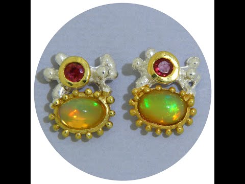 Cercei Stud Argint 925 Accente Aurite Opal Granat Rodolit Naturale - Vibratie si Eleganta
