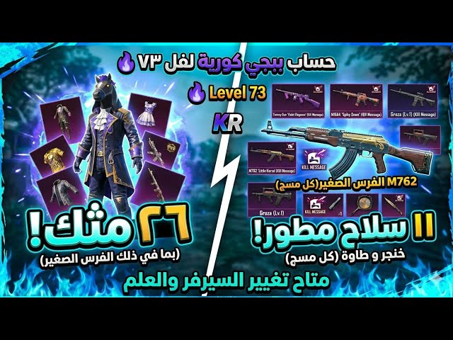 حساب ببجي كورية لقطة!  12 سلاح تطوير (3 كيل مسج) +4قطعة متيريال | متاح تغيير السيرفر