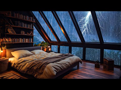 Regengeräusche zum einschlafen – Starker Regen und Donner am Fenster im nebliger Wald - Rain Sound