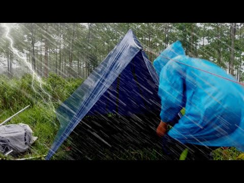 BEST HEAVY RAIN CAMPING #2 - SOLO CAMPING IN HEAVY RAIN WITH THUNDERSTORMS RELAXING RAIN -asmr