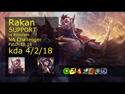 Rakan Support vs Blitzcrank - NA Challenger 4/2/18 Patch 10.18 Gameplay